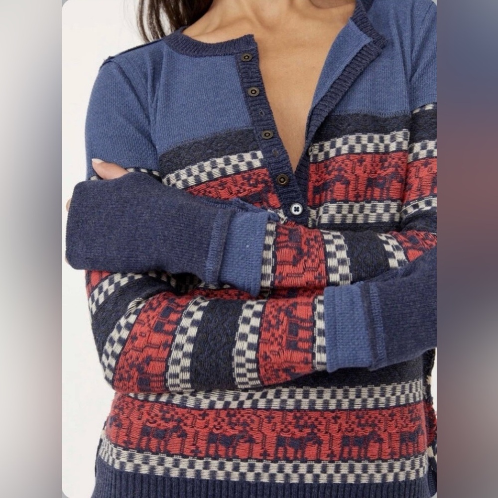 New Free People To The Woods Sweater blue red reindeer boho NWOT medium $128